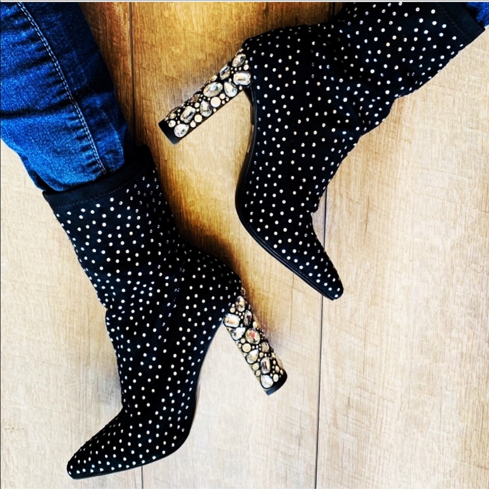 Italiana Black Rhinestone Sock Bootie Stiletto - Picture 4 of 8